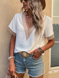 V-neck Lace Loose Top Office Short Sleeve Shirt for Women