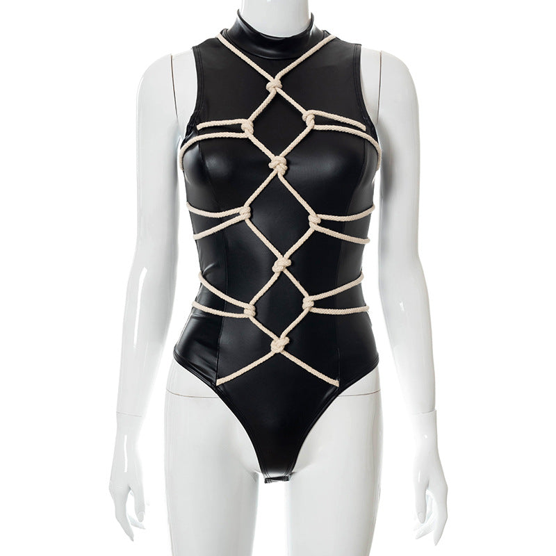 Lace-up faux leather bodysuit for women