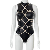 Lace-up faux leather bodysuit for women