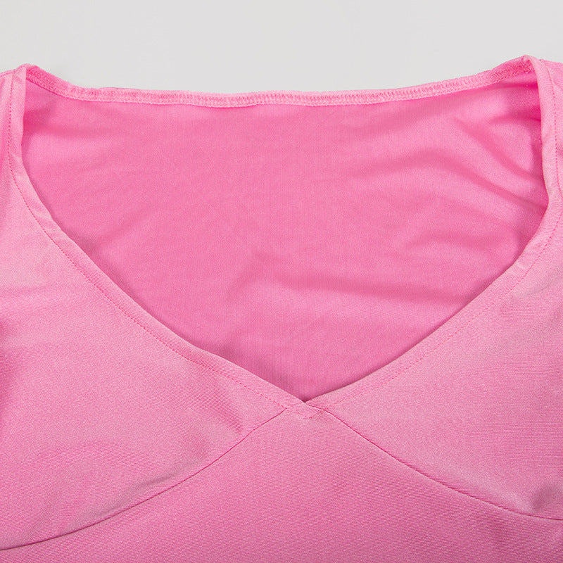 V Neck Finger Pink Skirt Set