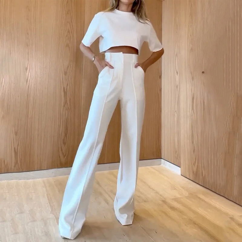Women Straight Leg Trousers Solid Color Two Piece Set
