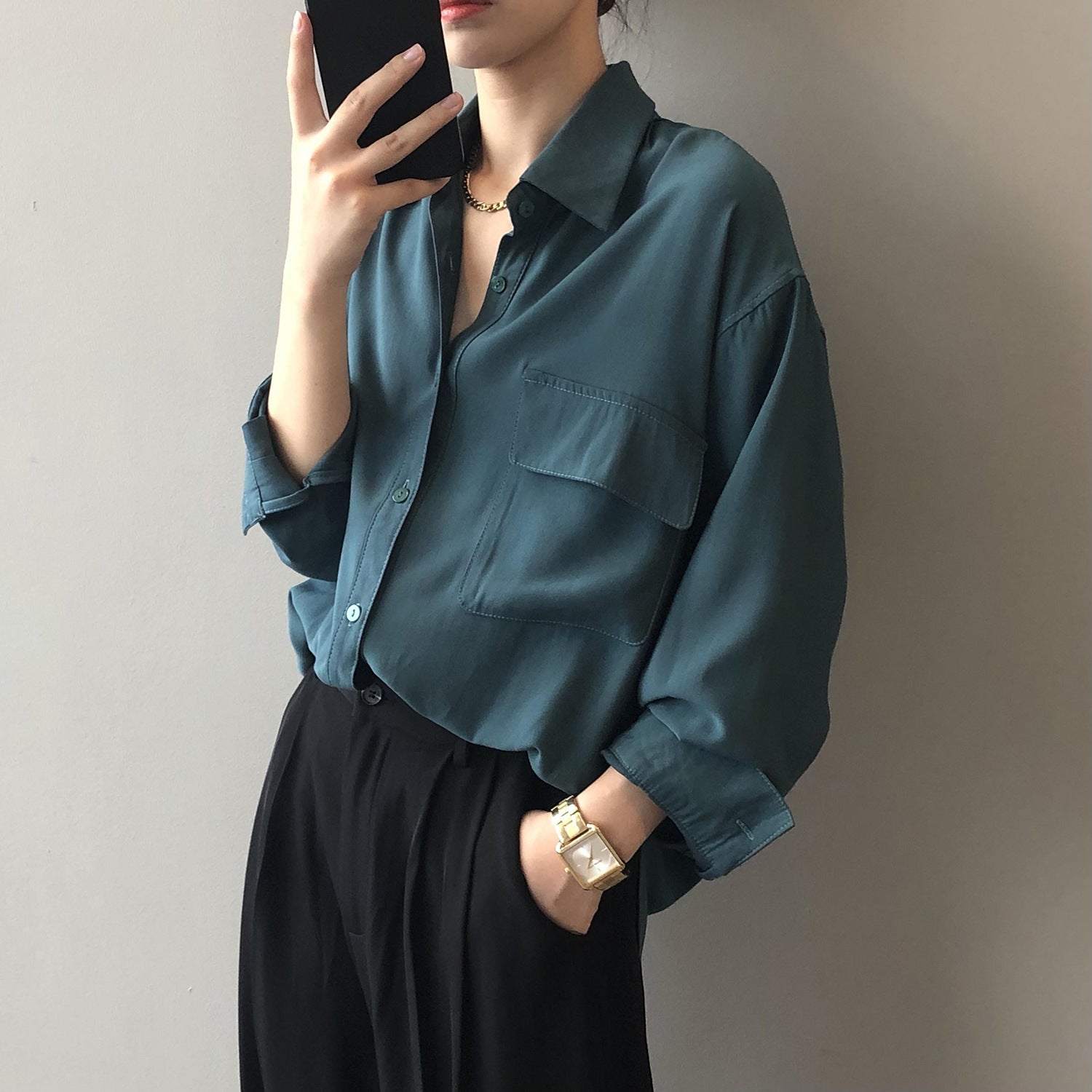 Solid Color Spring Long Sleeve Shirt for Women