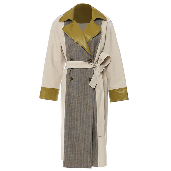 Women's Leather Plaid Long Trench Coat Overcoat
