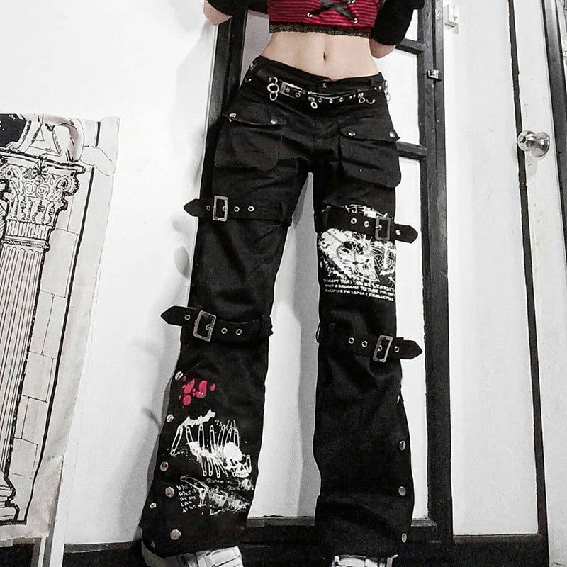 Printed metal buckle denim draped pants