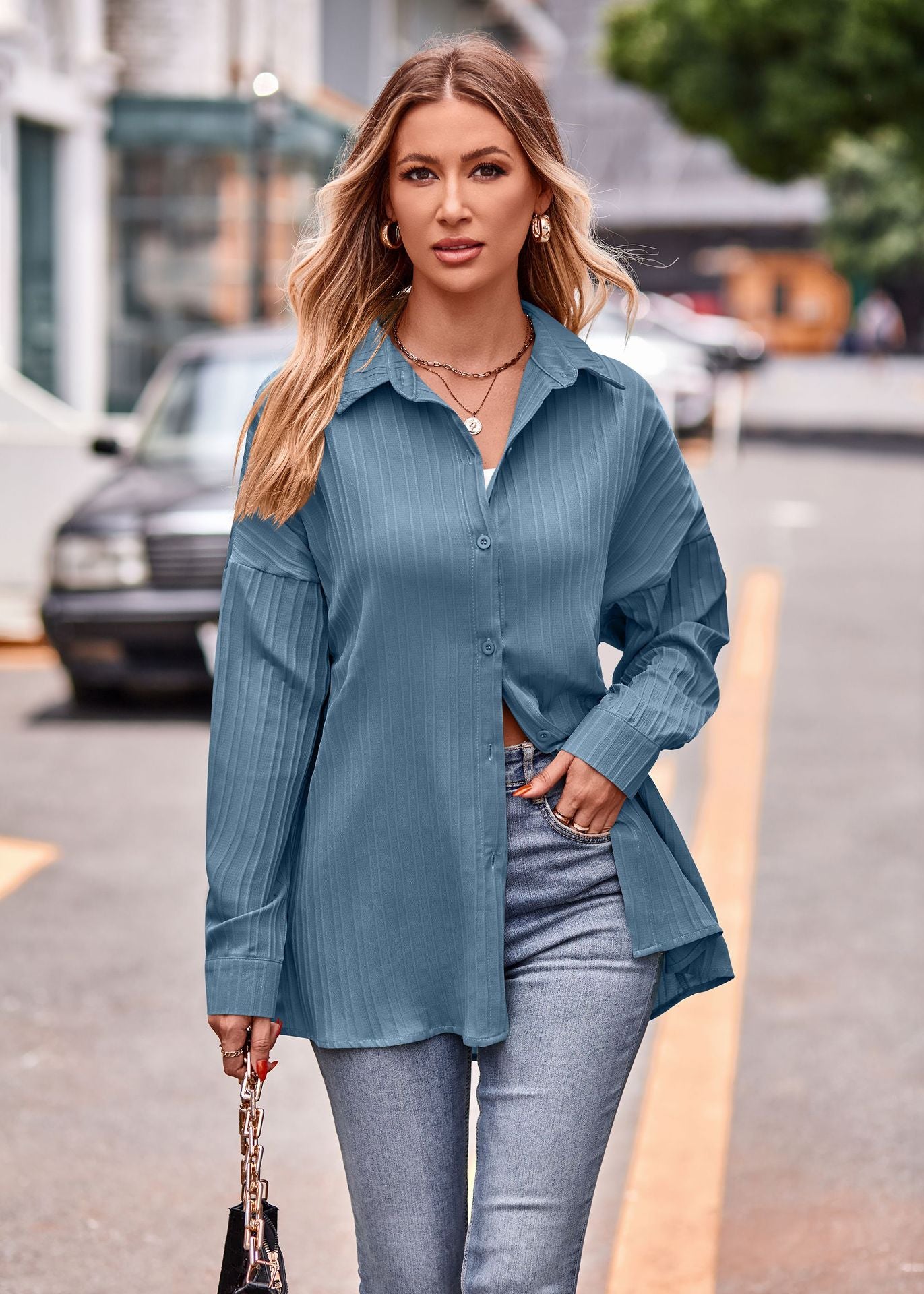 Casual Double Line Jacquard Loose Fitting Long Sleeve Shirt