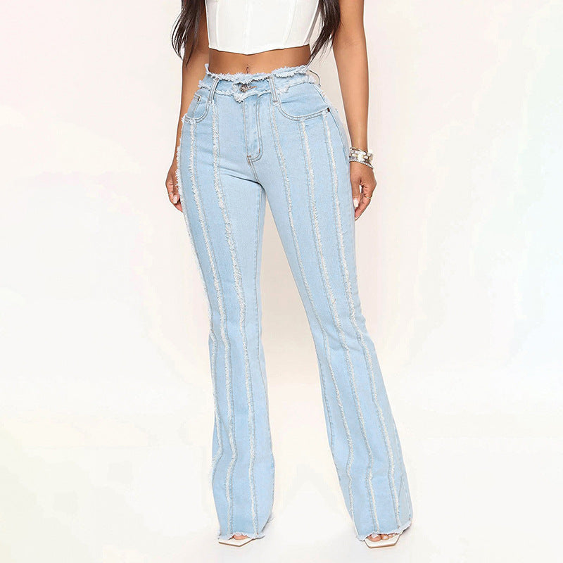 Mid Waist Frayed Washed Women Denim Trousers