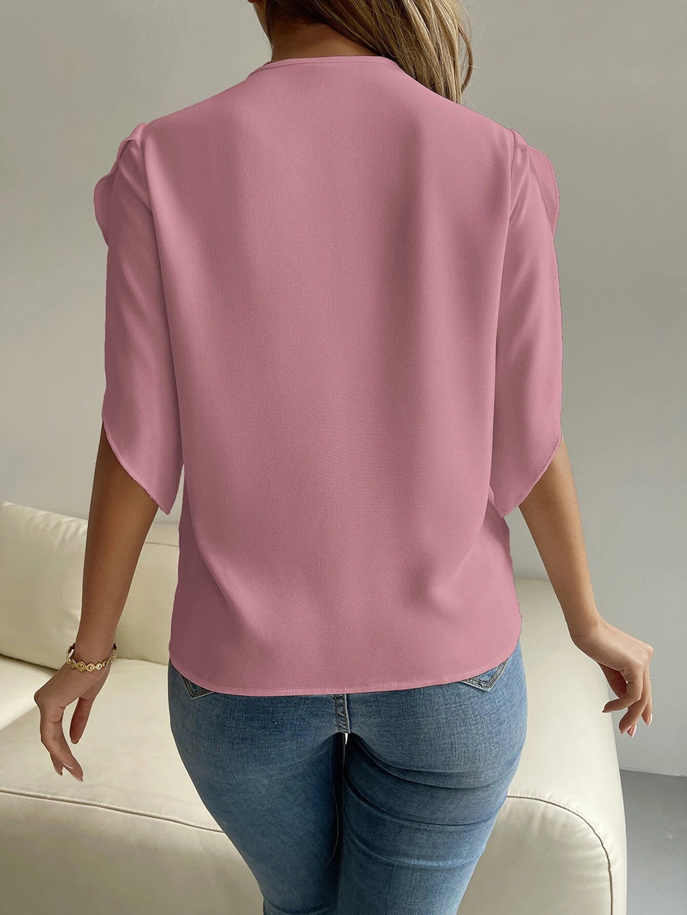 Women V neck Lace Solid Color Short Sleeve Chiffon Shirt