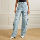 High Waist Light Color Multi-Pocket Loose Workwear Pants
