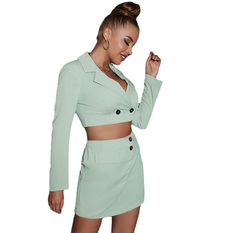 High Waist Two-Piece Cropped Top Suit Skirt