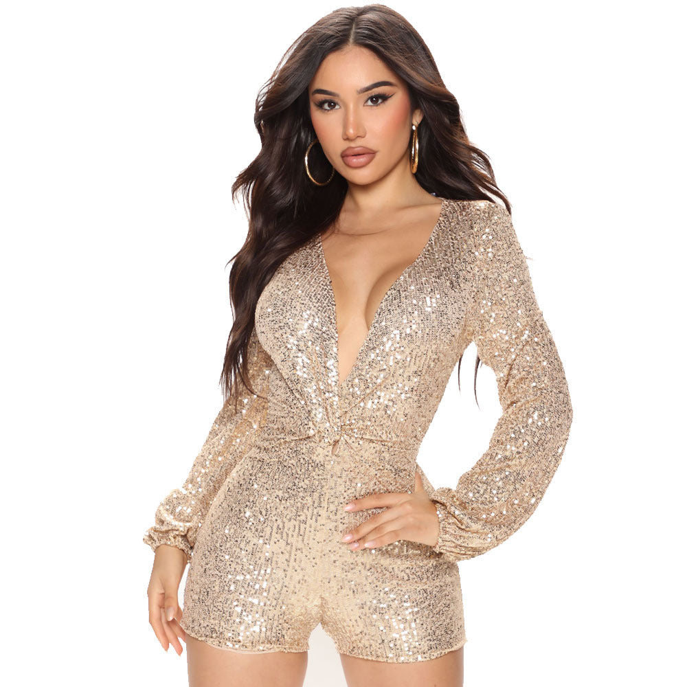 Sexy Deep V Plunge Long Sleeve Slim Fit Sequined Jumpsuit