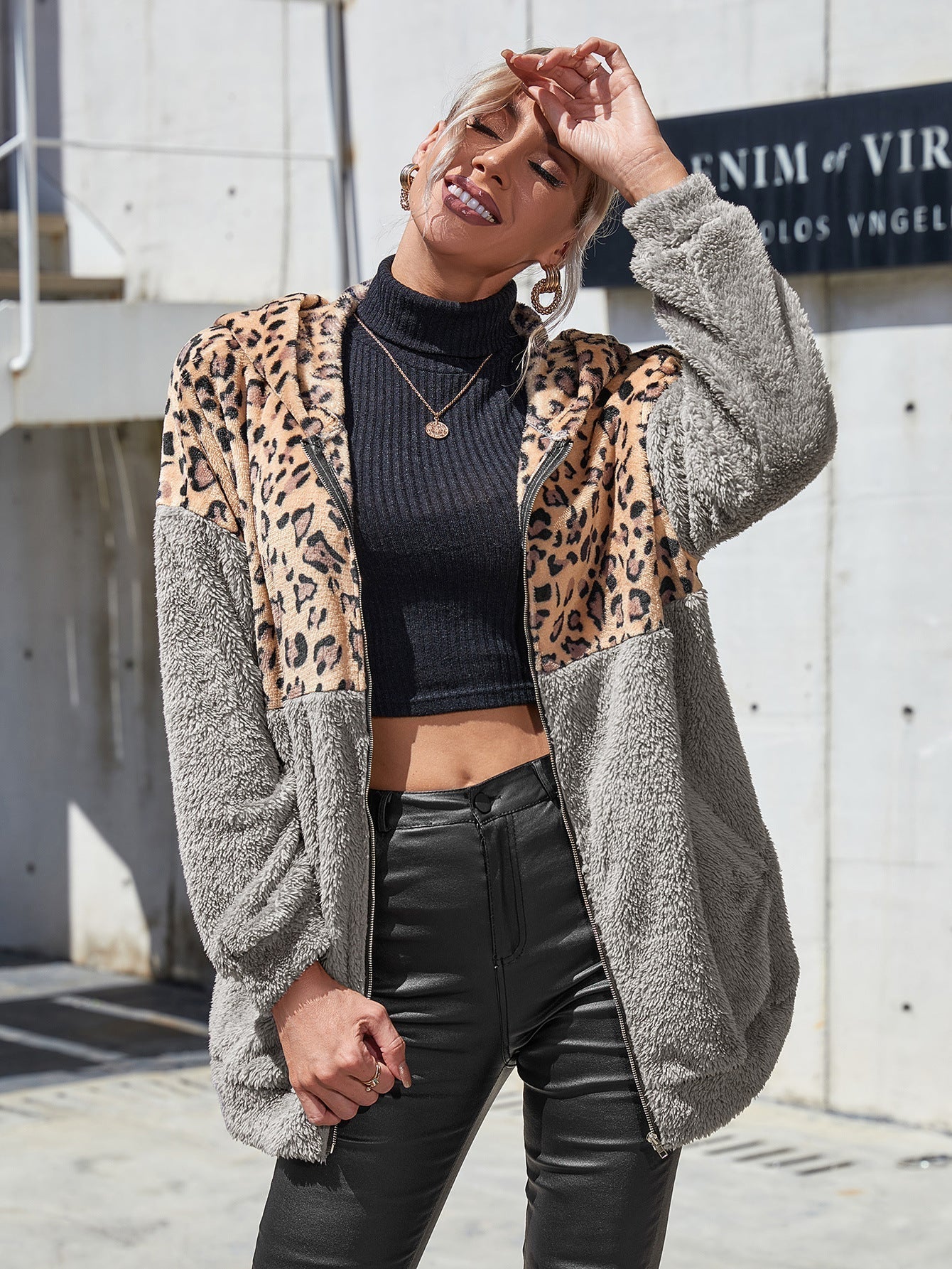 Leopard Long-Sleeve Hoodie Cardigan Fleece Sweatshirt