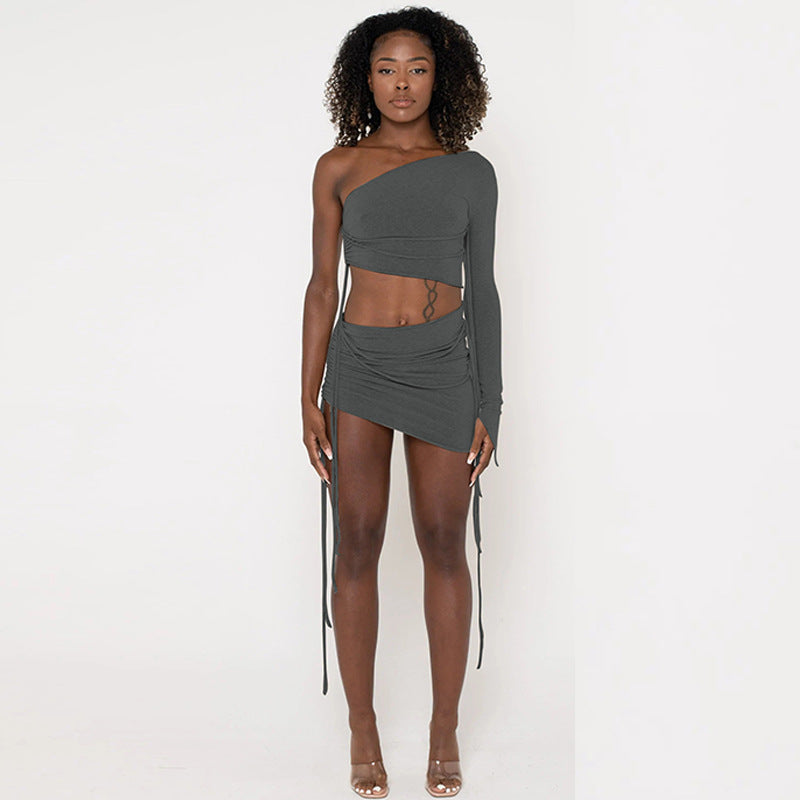 One Shoulder cropped Top Slim Side Drawstring Skirt Set