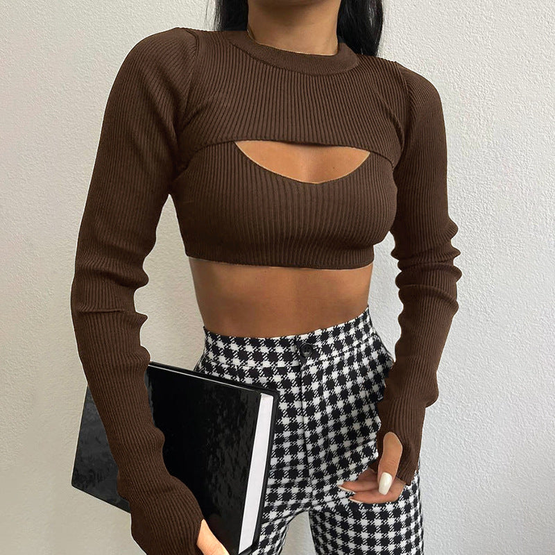 Strap Cropped Long Sleeves Two-Piece Set Top