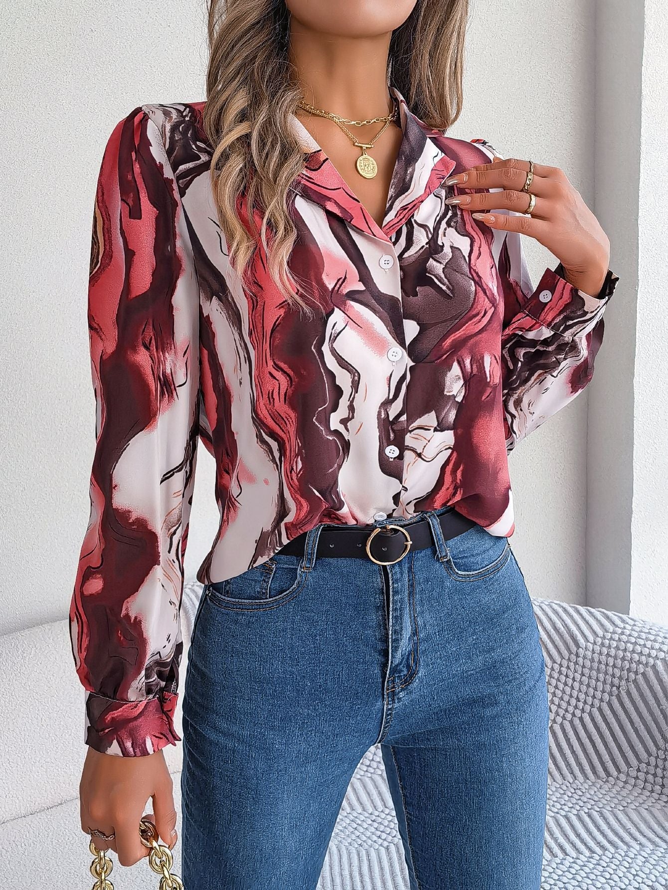 Autumn Winter Long Sleeve Shirt with Casual Contrast Color