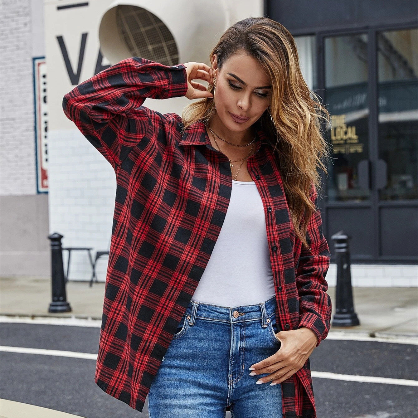 Hipster Plaid Shirt with Single-Breasted Collar for Women