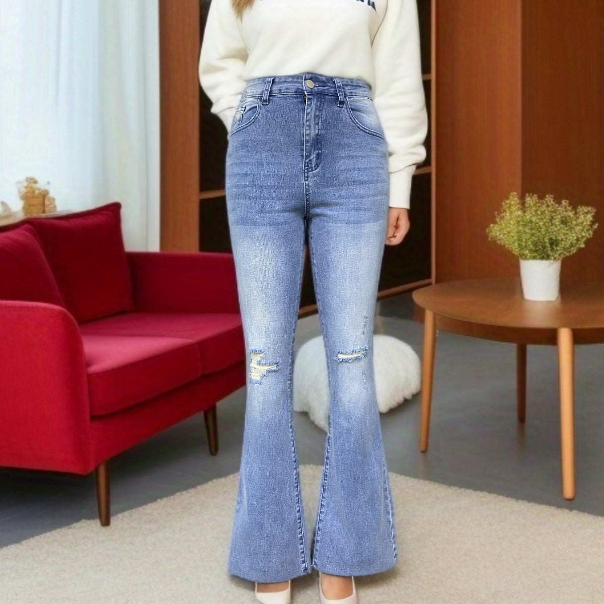 Stretch Flared Pants Washed Frayed Hem Ripped Jeans