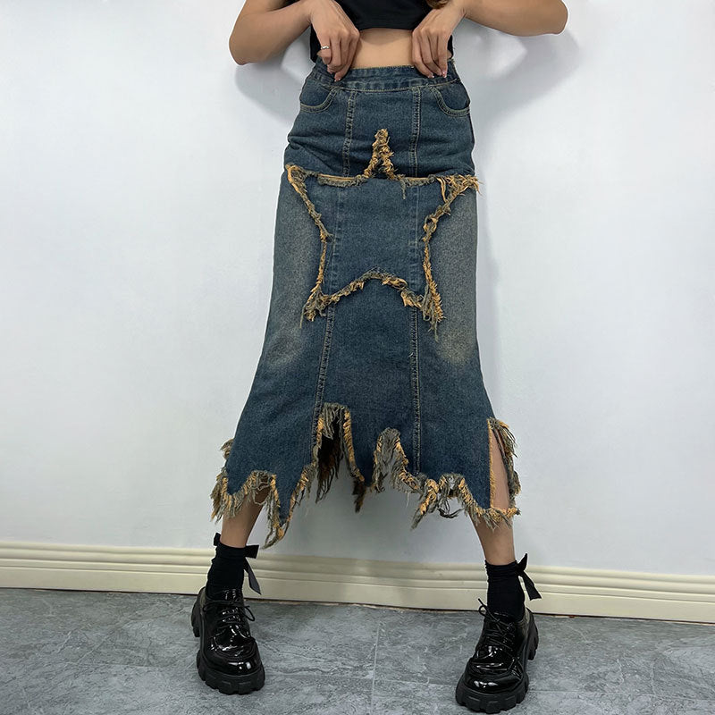 Retro High Waist Asymmetric Denim Skirt for Women