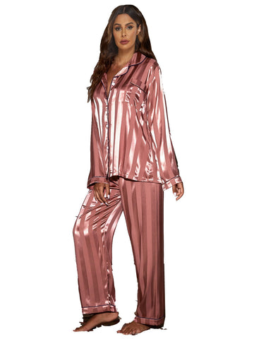 Women's Jacquard Wide Stripe Pajamas with Satin Cardigan