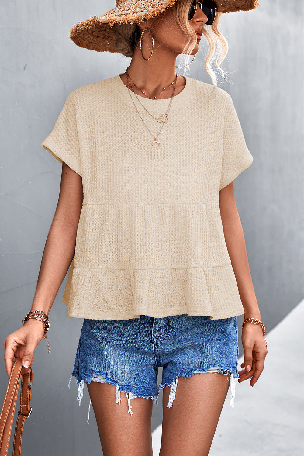 round neck breasted short sleeve stitching top for women