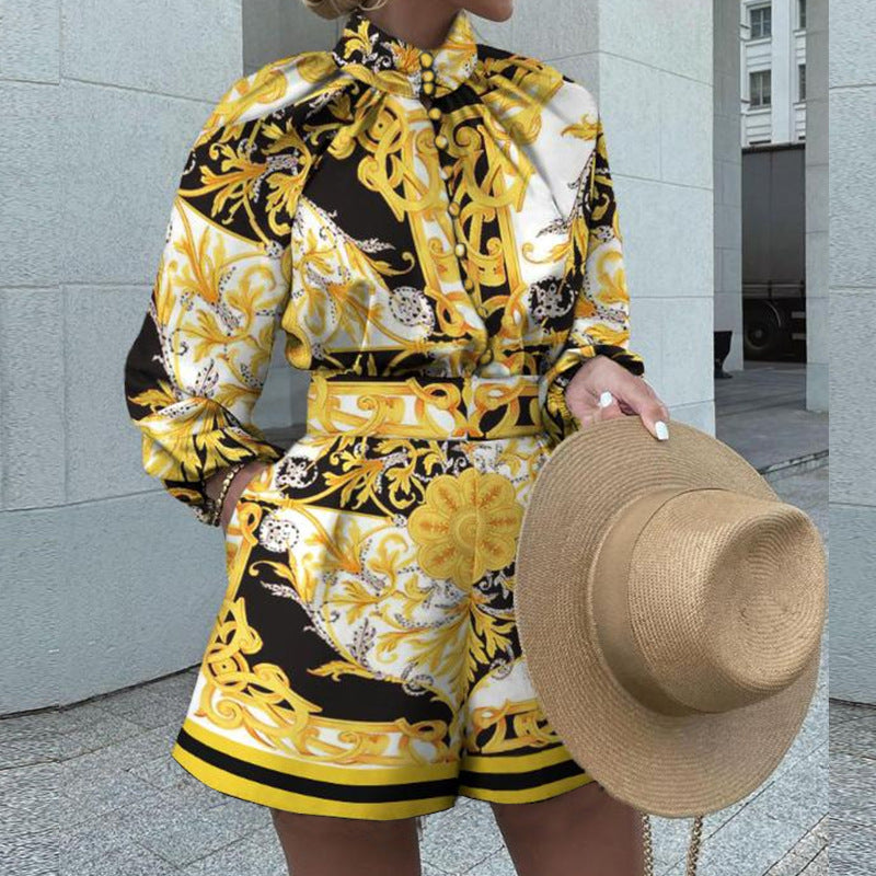 Printed Long-Sleeved Top Shorts Suit Two-Piece Set