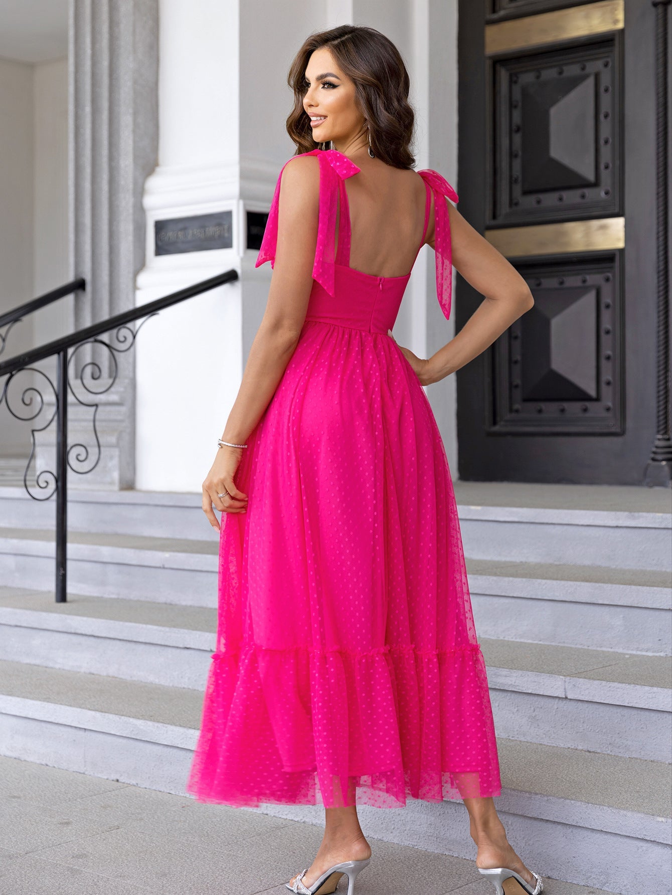 maxi pink dress with lace-up shoulder