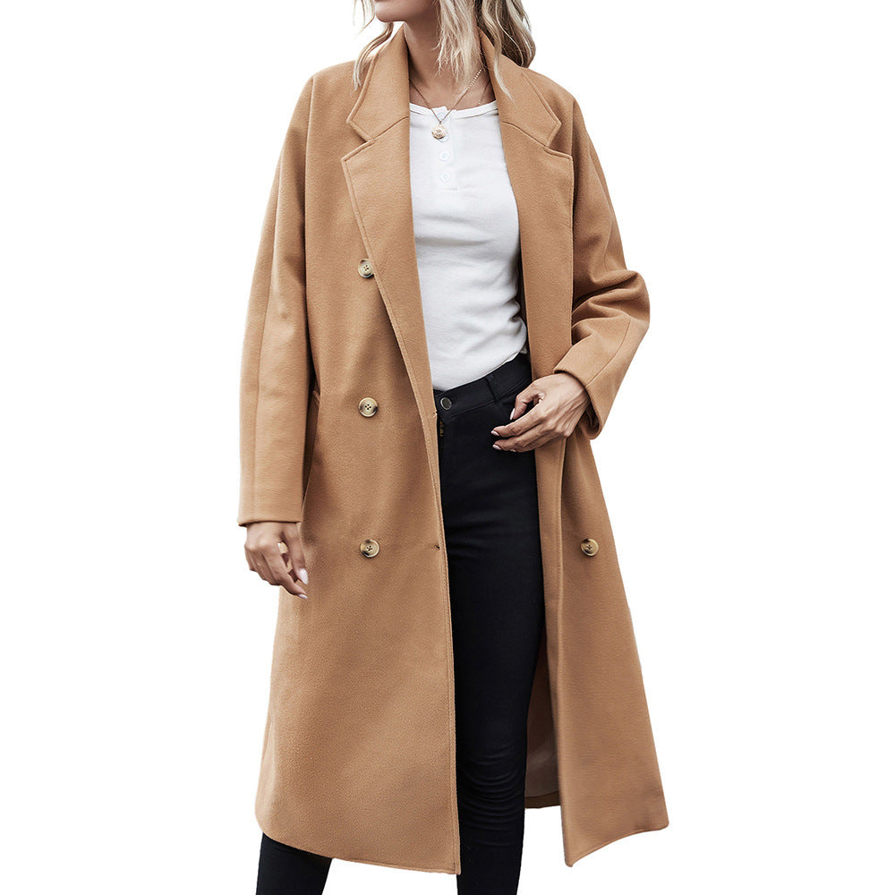 Mid-length double-breasted wool coat for women