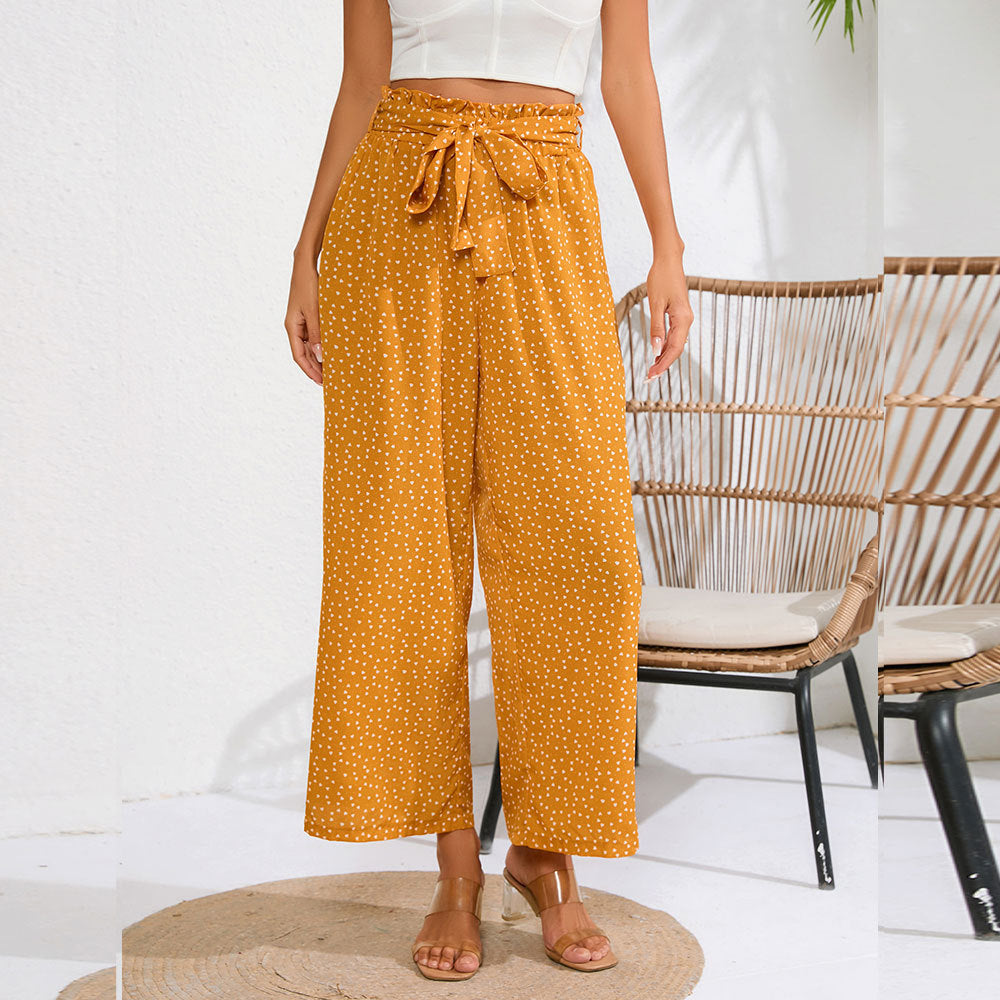 Women Floral Loose Waist Lace up Casual Yellow Pants