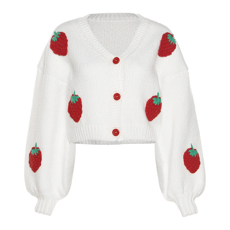 Strawberry knitted V-neck cardigan for women