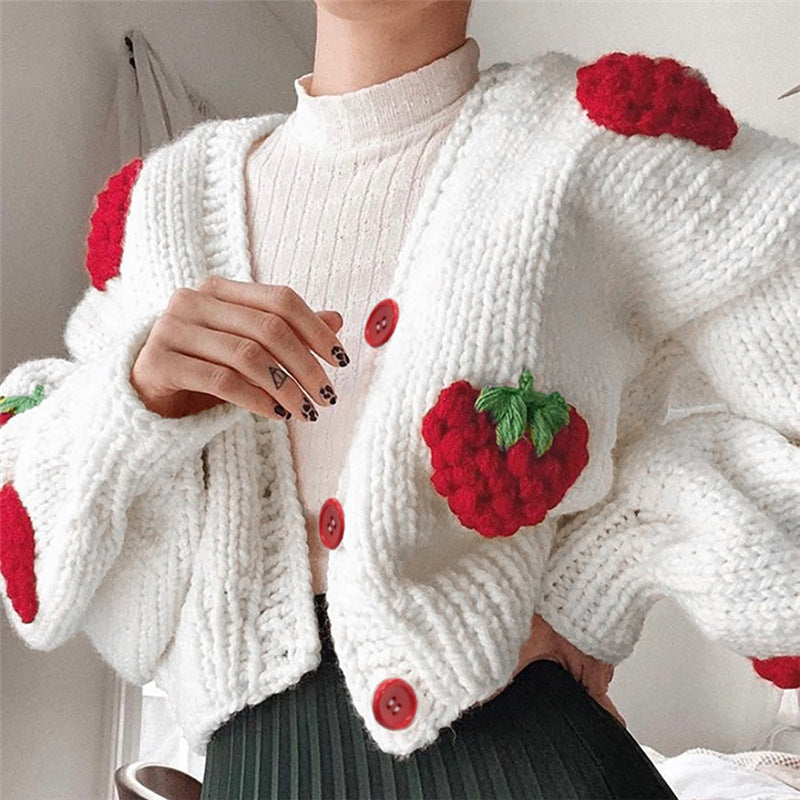 Strawberry knitted V-neck cardigan for women