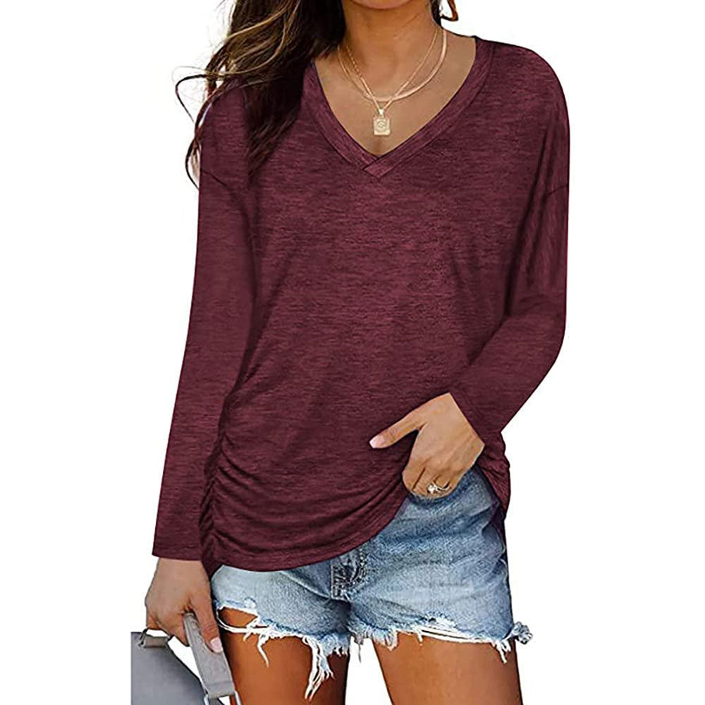 Long-sleeved V-neck pleated casual top