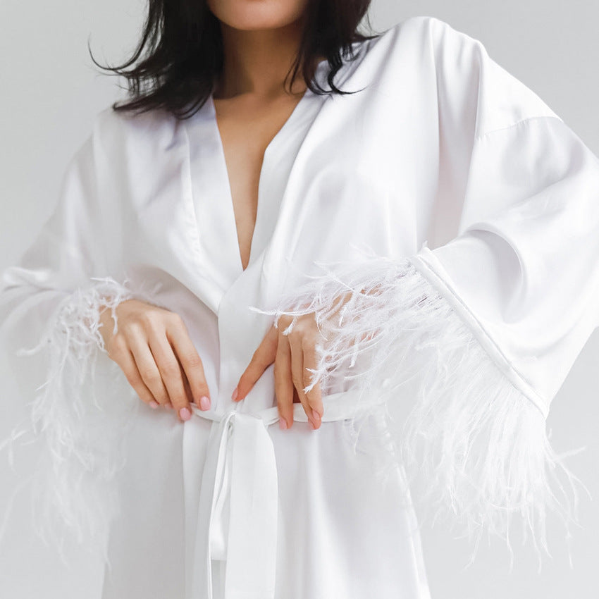 Feather pajamas silk cardigan solid-color Women homewear