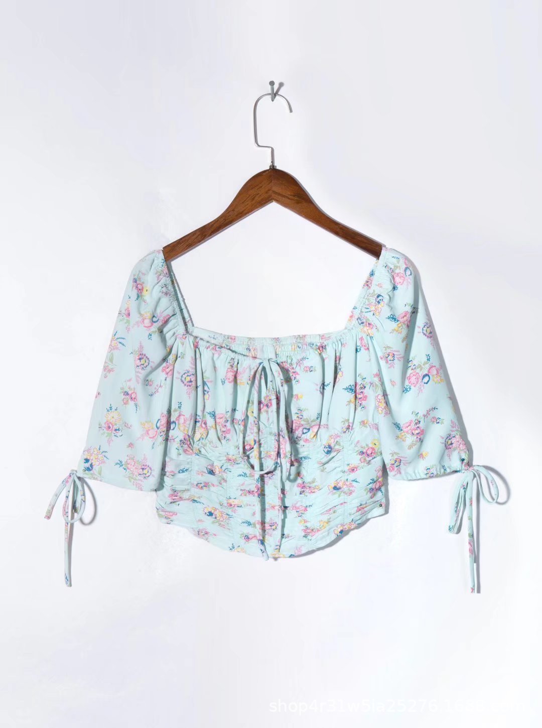 Retro French Square Collar Five-Quarter Sleeve Floral Cropped Small Top