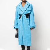 Women Twisted Waist Slimming Long Blue Plush Coat