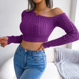 Twist off Shoulder Long Sleeve Short Knitted Sweater