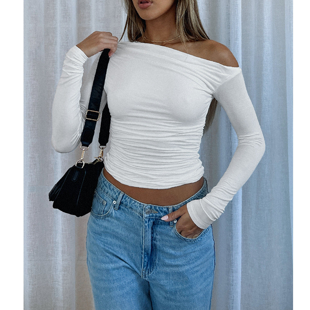 Pleated Off Shoulder Pleated Diagonal Collar Off Shoulder Top