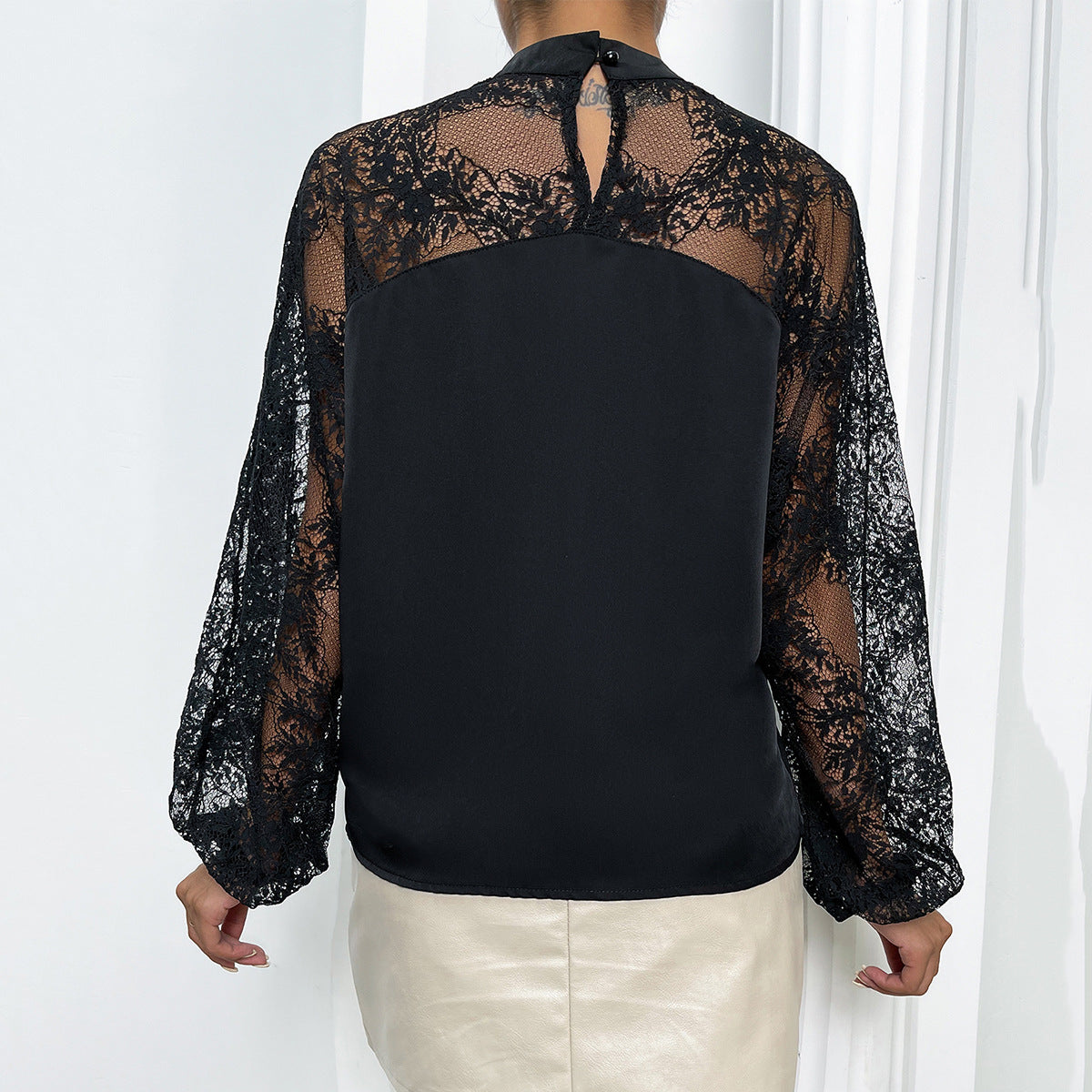 Black Lace Stitching Sexy Pullover Stand Collar Shirt