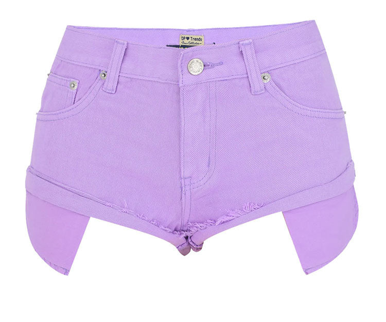 Women Macaron Pink Low Waist Denim Shorts