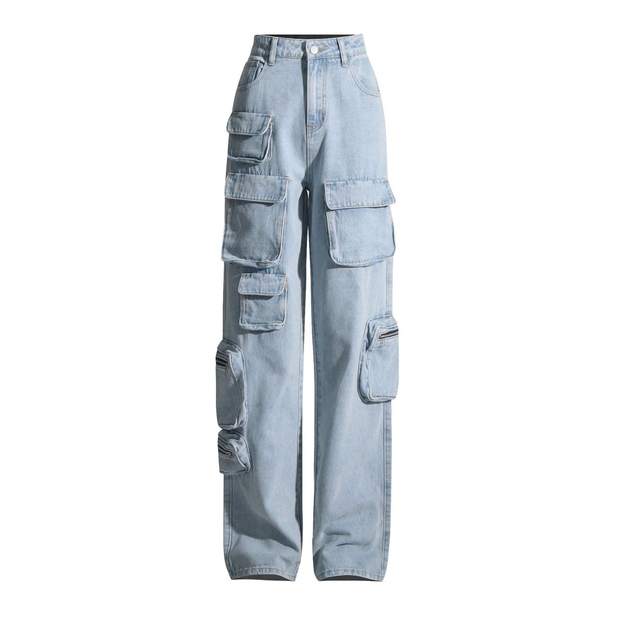 High Waist Light Color Multi-Pocket Loose Workwear Pants