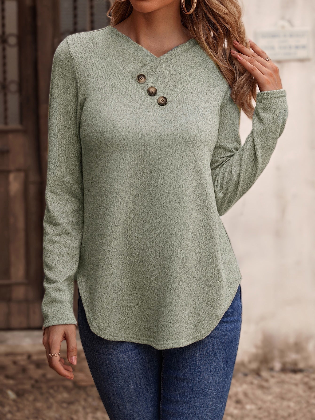 Women's Solid Color V-Neck Long Sleeve Casual Top