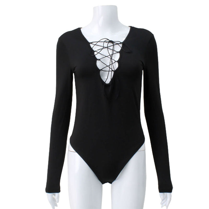 Slim long-sleeve lace-up mesh cutout jumpsuit