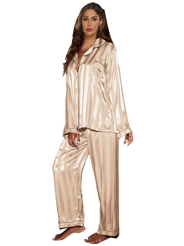 Women's Jacquard Wide Stripe Pajamas with Satin Cardigan
