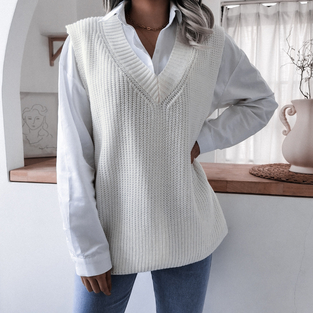 V-neck loose knit sweater vest jacket women