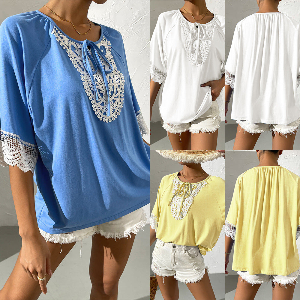 national lace round neck lace stitching loose short sleeve top