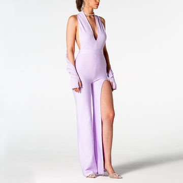 Backless Halter V neck Lavender Jumpsuit