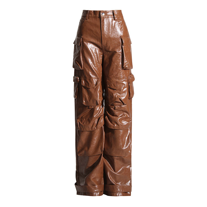 High Waist Large Pocket Faux Leather Straight Leg Pants