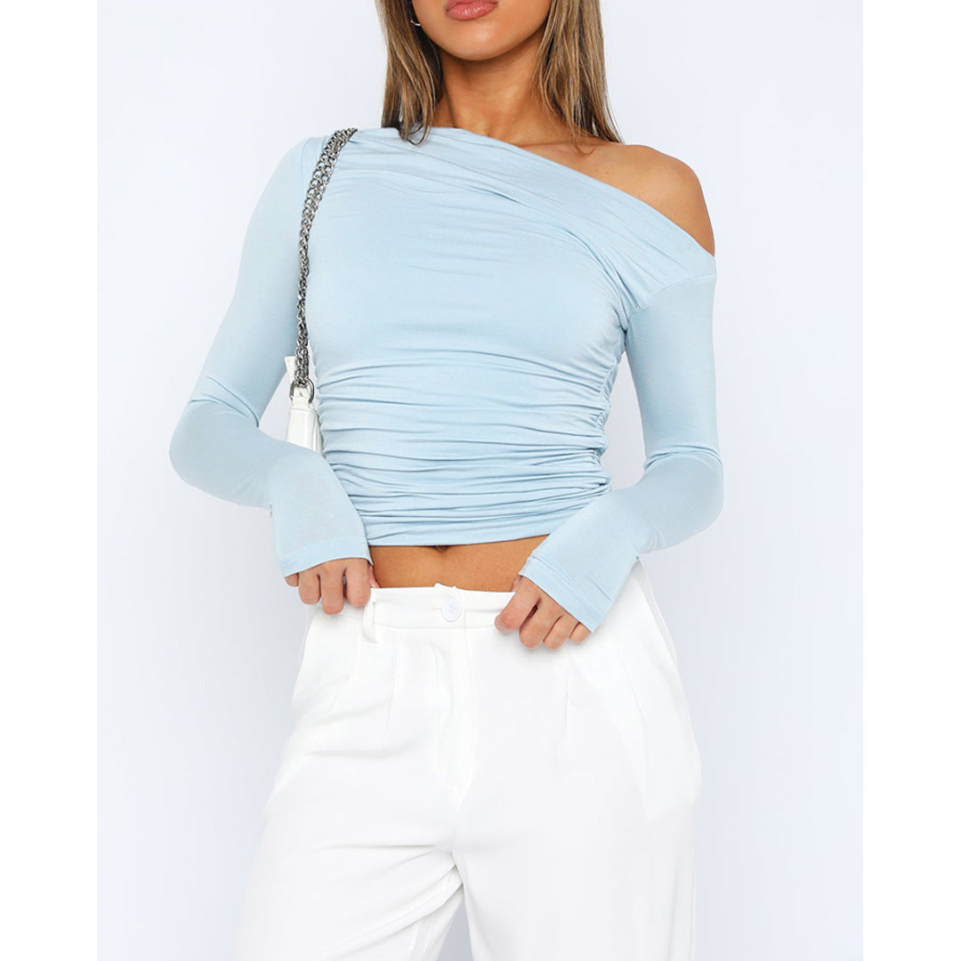 Pleated Off Shoulder Pleated Diagonal Collar Off Shoulder Top