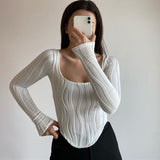 Pleated U-collar solid-color slim-fit long-sleeve top