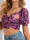 holiday lantern sleeve square collar sexy floral vest top t shirt