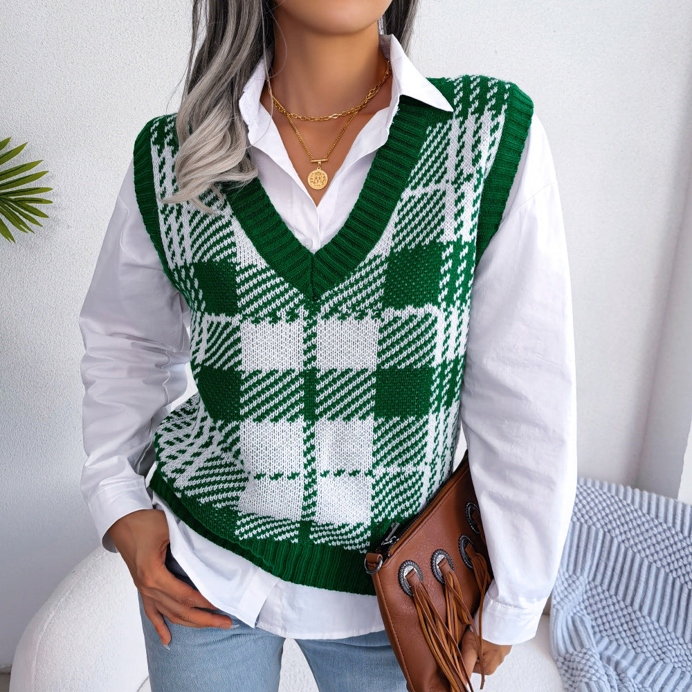 Casual Contrast Check Knitted Vest Sweater Women