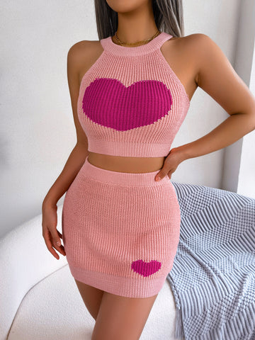 Casual Love Contrast Color Cropped Skirt Set